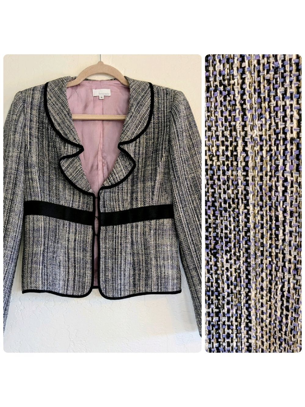 VTG 90s Silk Women Black and Indigo Blue Textured Blazer Luxury Academia Career